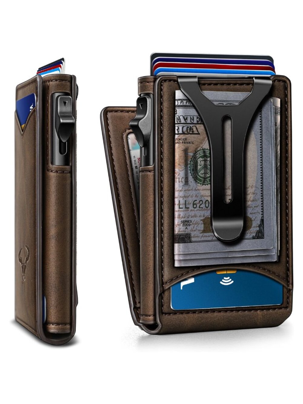 Men Slim Leather Wallet Metal Case Money Clip 9 Card Slots RFID